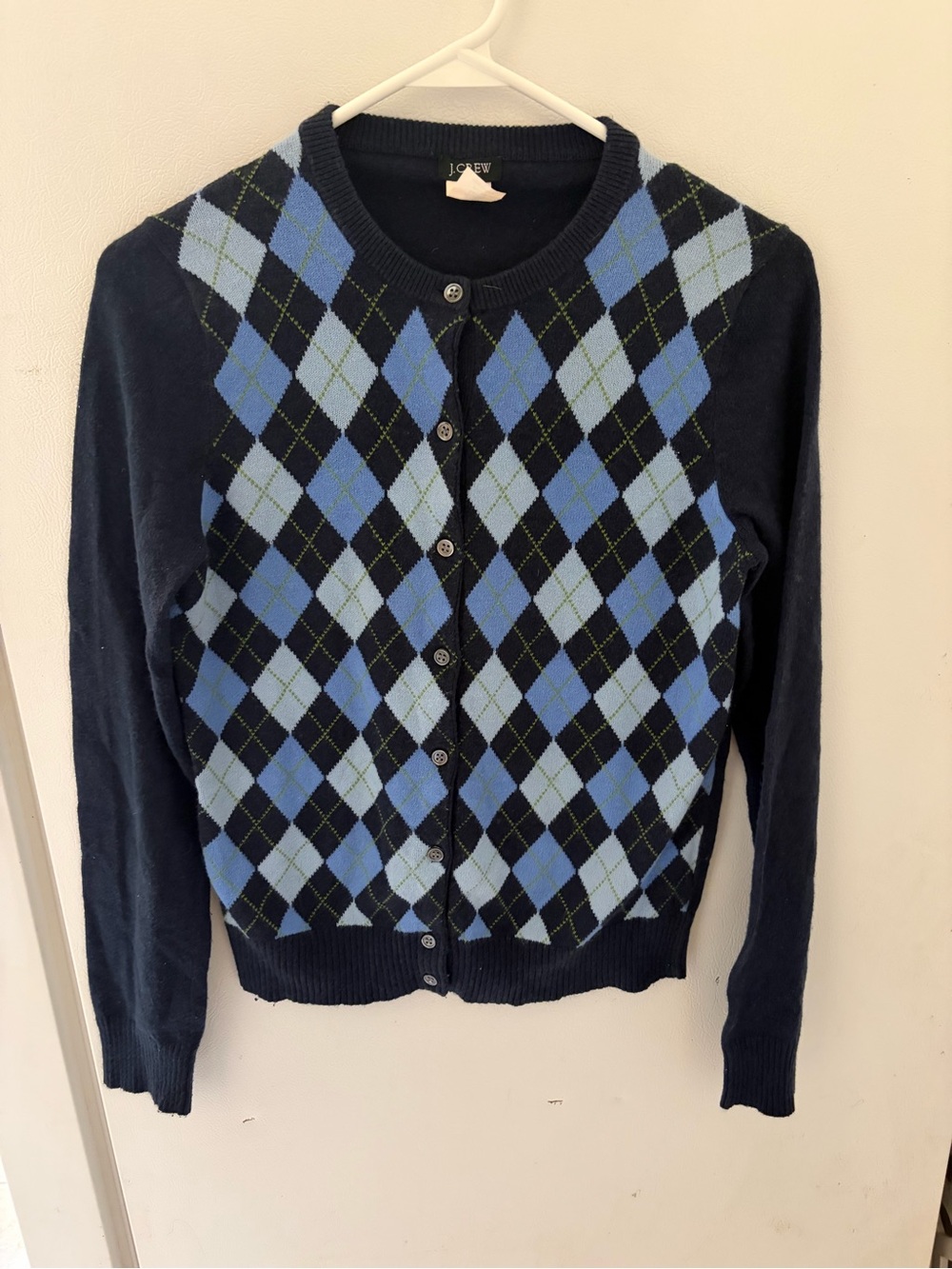Y2K J. Crew Navy and Sky Blue Argyle Button Cardigan